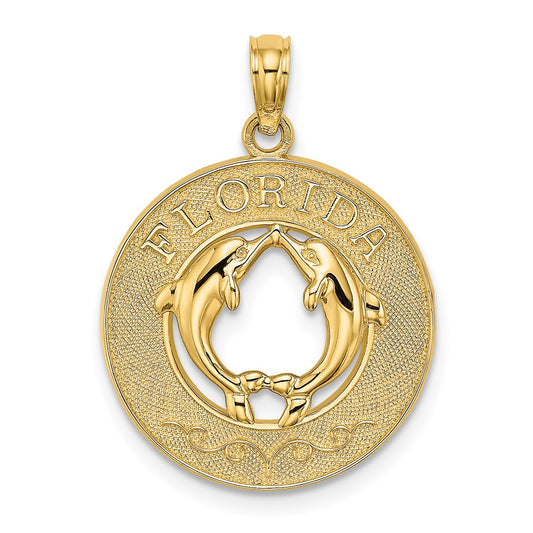 Million Charms 14K Yellow Gold Themed Florida On Round Frame With Dolphins Charm
