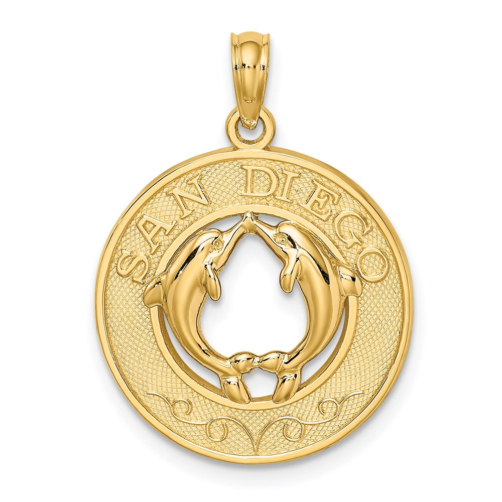 Million Charms 14K Yellow Gold Themed San Diego On Round Frame With Dolphins Charm