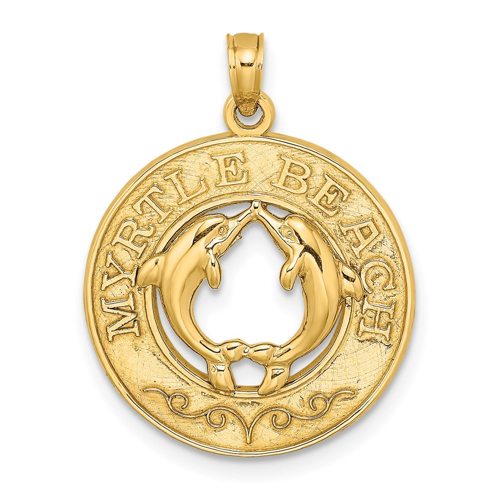 Million Charms 14K Yellow Gold Themed Myrtle Beach On Round Frame With Dolphins Charm