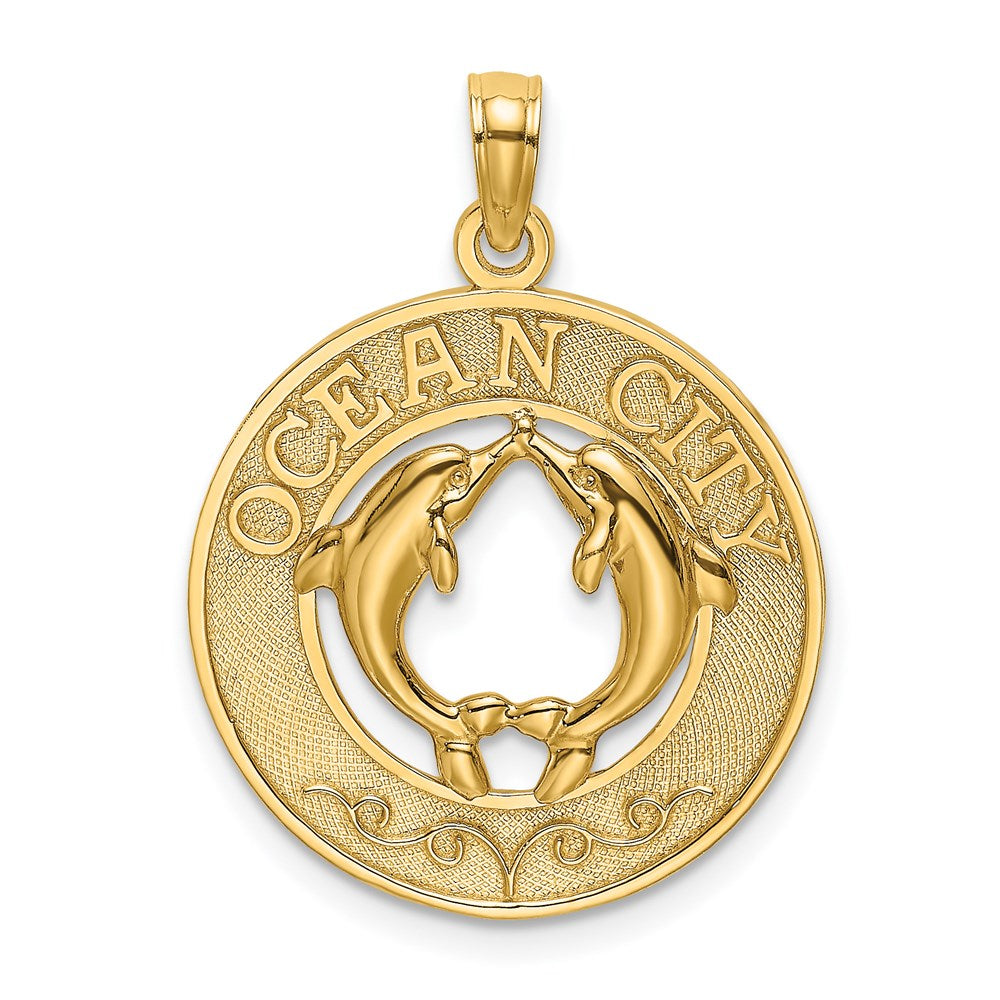 Million Charms 14K Yellow Gold Themed Ocean City Round Frame With Dolphins Charm