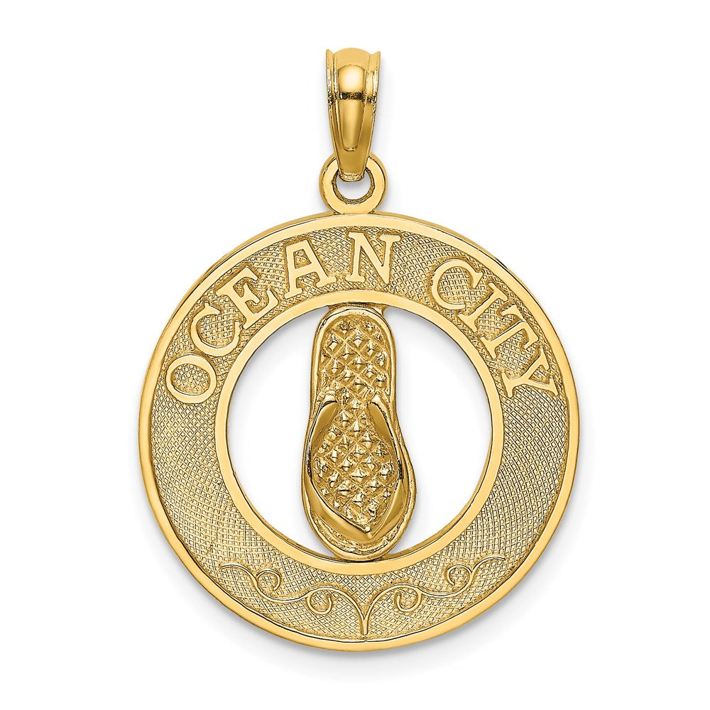 Million Charms 14K Yellow Gold Themed Ocean City Round Frame With Flip-Flop Charm