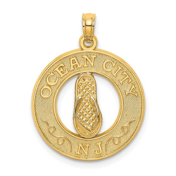 Million Charms 14K Yellow Gold Themed Ocean City, Nj Round Frame With Flip Flops Charm