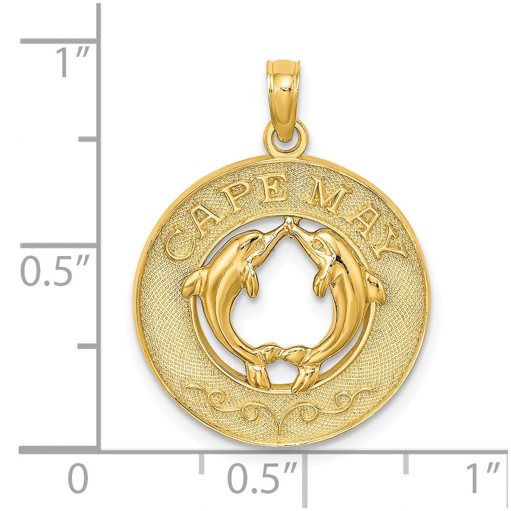 Million Charms 14K Yellow Gold Themed Cape May On Round Frame With Dolphins Charm