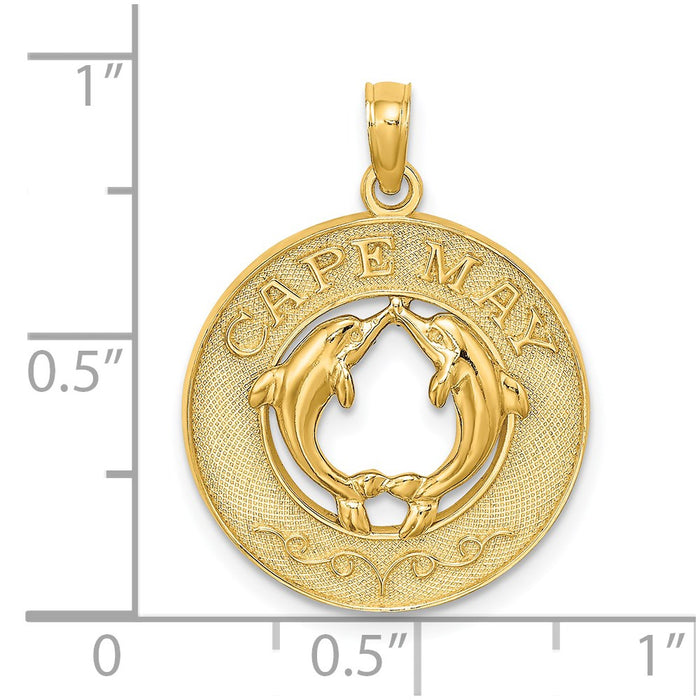 Million Charms 14K Yellow Gold Themed Cape May On Round Frame With Dolphins Charm