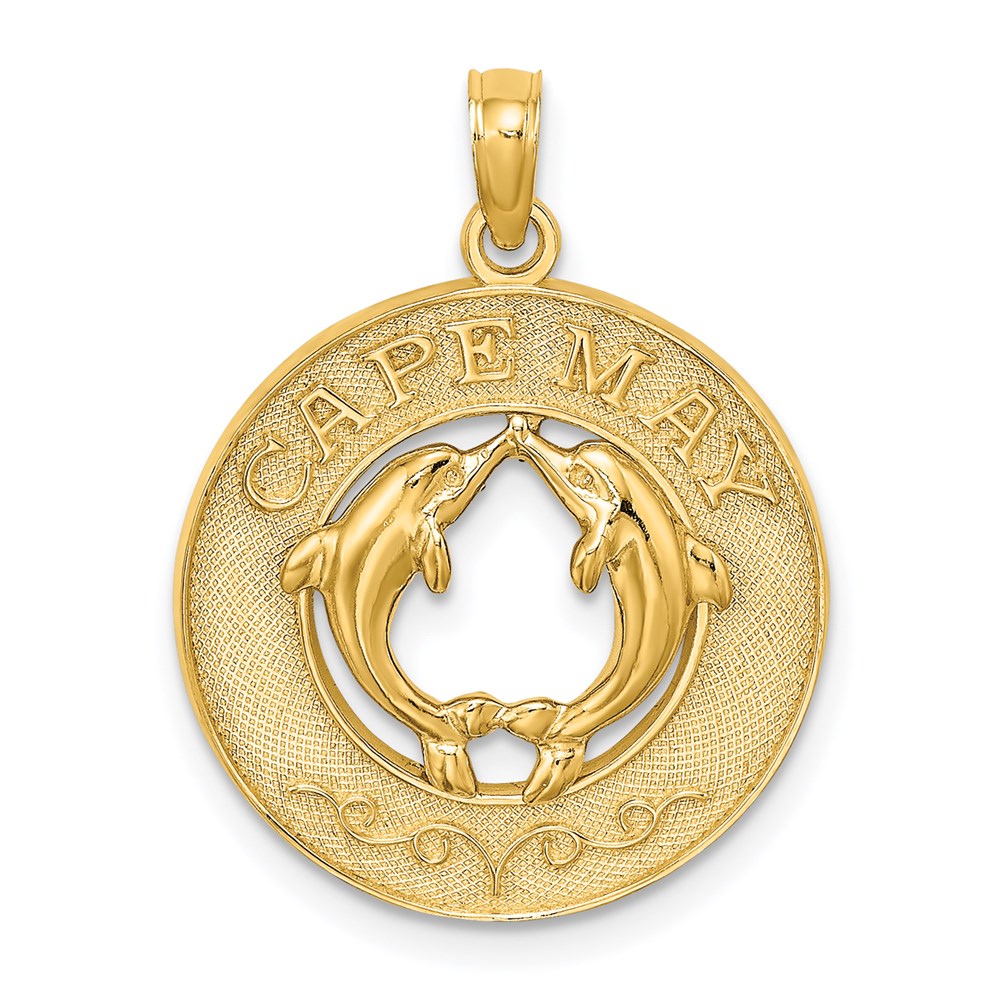 Million Charms 14K Yellow Gold Themed Cape May On Round Frame With Dolphins Charm