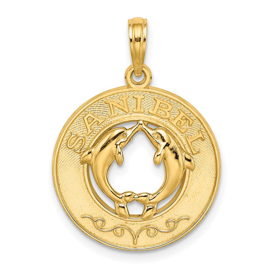 Million Charms 14K Yellow Gold Themed Sanibel Round Frame With Dolphins Charm