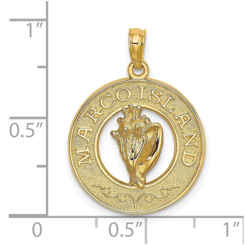 Million Charms 14K Yellow Gold Themed Marco Island On Round Frame With Conch Shell Charm