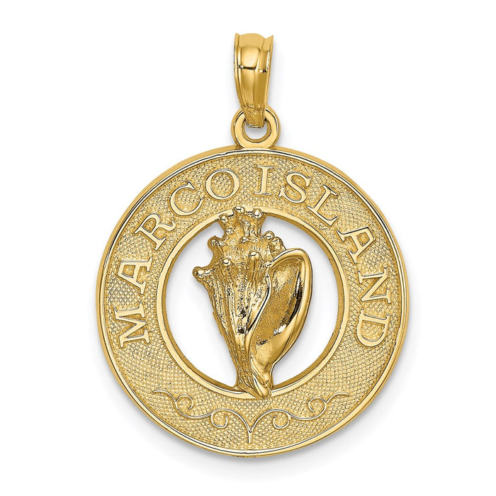Million Charms 14K Yellow Gold Themed Marco Island On Round Frame With Conch Shell Charm