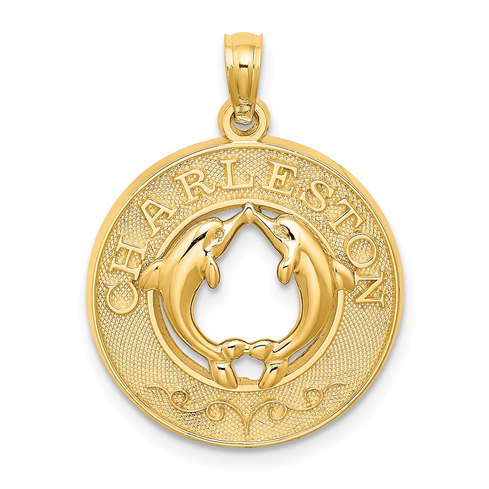 Million Charms 14K Yellow Gold Themed Charleston Round Frame With Dolphin Charm