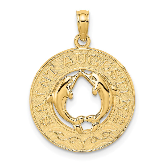 Million Charms 14K Yellow Gold Themed Religious Saint Augustine On Round With Dolphins Charm