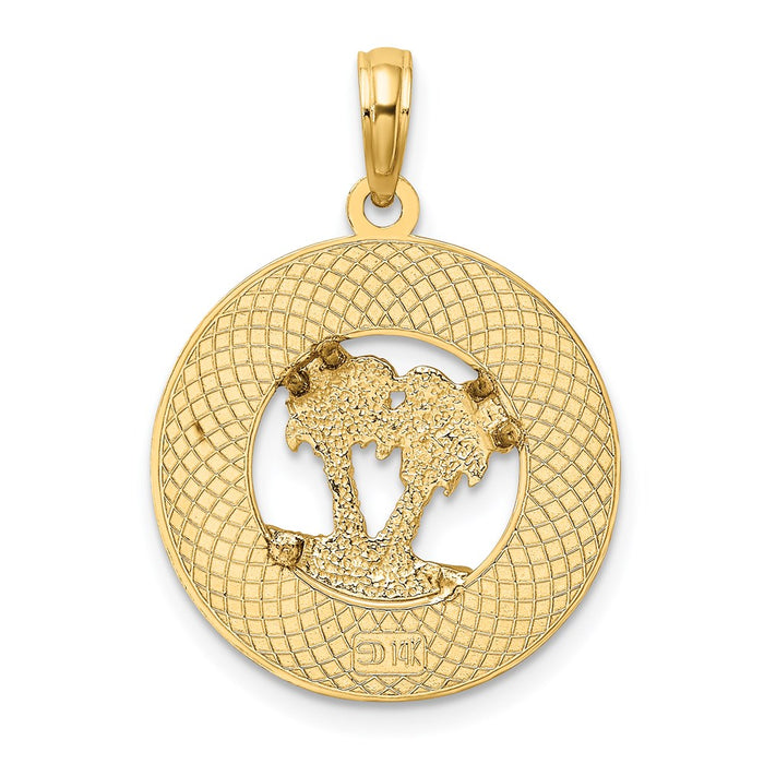 Million Charms 14K Yellow Gold Themed Florida On Round Frame With Double Palm Tree Charm