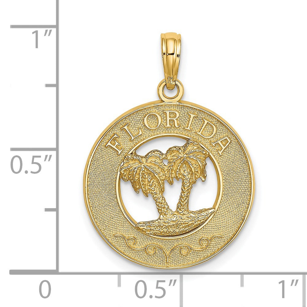 Million Charms 14K Yellow Gold Themed Florida On Round Frame With Double Palm Tree Charm