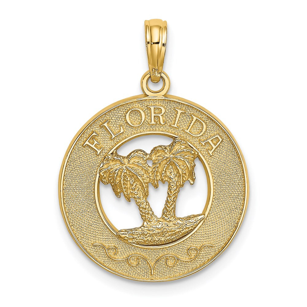 Million Charms 14K Yellow Gold Themed Florida On Round Frame With Double Palm Tree Charm