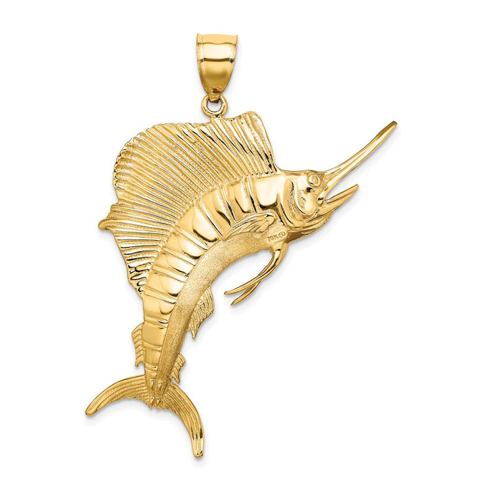 Million Charms 14K Yellow Gold Themed 3-D Polished Textured Sailfish Charm