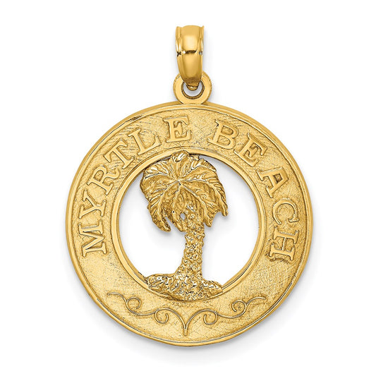 Million Charms 14K Yellow Gold Themed Myrtle Beach On Round Frame With Palm Tree Charm