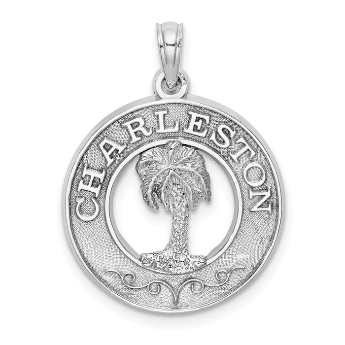 Million Charms 14K White Gold Themed Charleston Round Frame With Palm Tree Charm