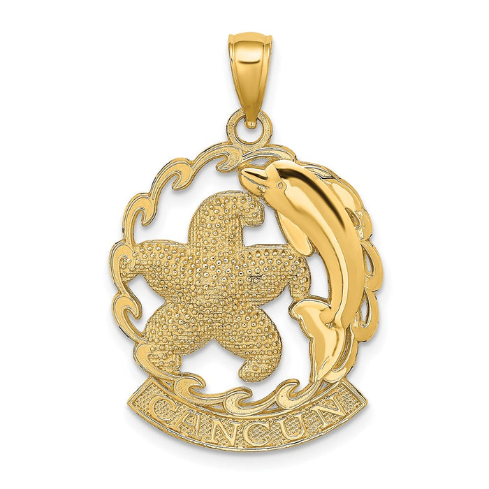 Million Charms 14K Yellow Gold Themed Cancun Under Nautical Starfish & Dolphin In Wave Frame Charm