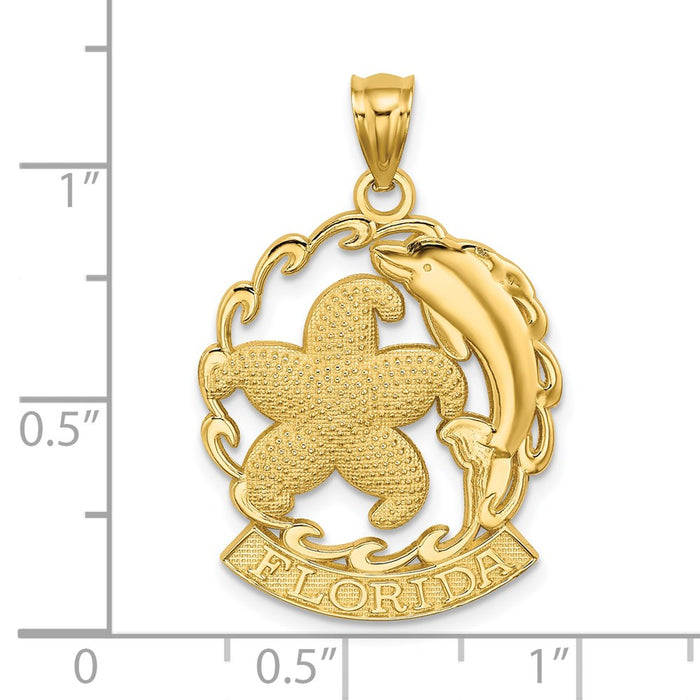 Million Charms 14K Yellow Gold Themed Florida Under Nautical Starfish & Dolphin Wave Frame Charm