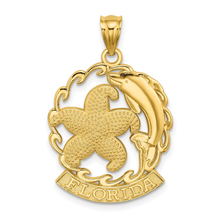 Million Charms 14K Yellow Gold Themed Florida Under Nautical Starfish & Dolphin Wave Frame Charm