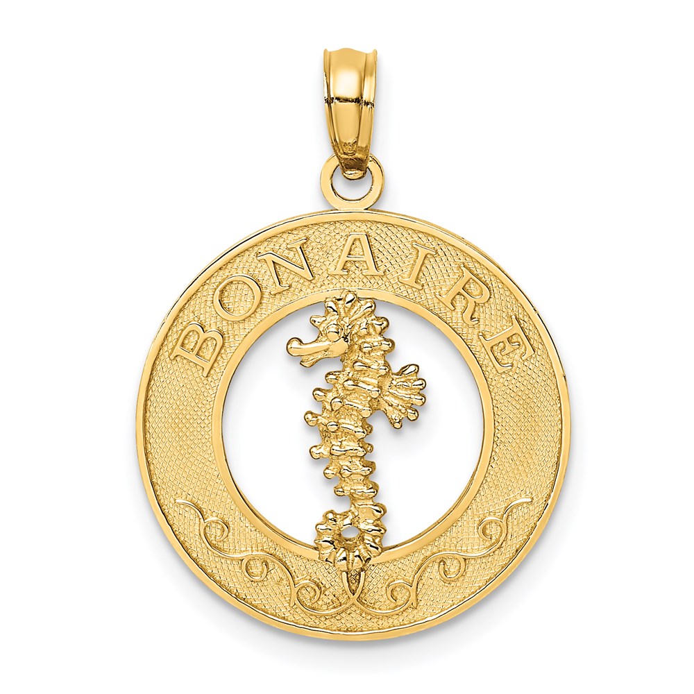 Million Charms 14K Yellow Gold Themed Bonaire On Round Frame With Nautical Seahorse Charm