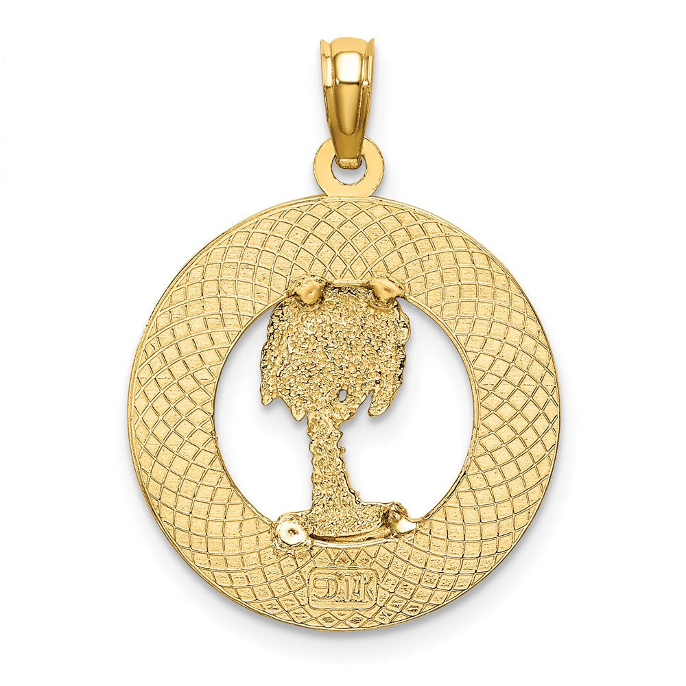 Million Charms 14K Yellow Gold Themed Turks & Caicos Round Frame With Palm Tree Charm