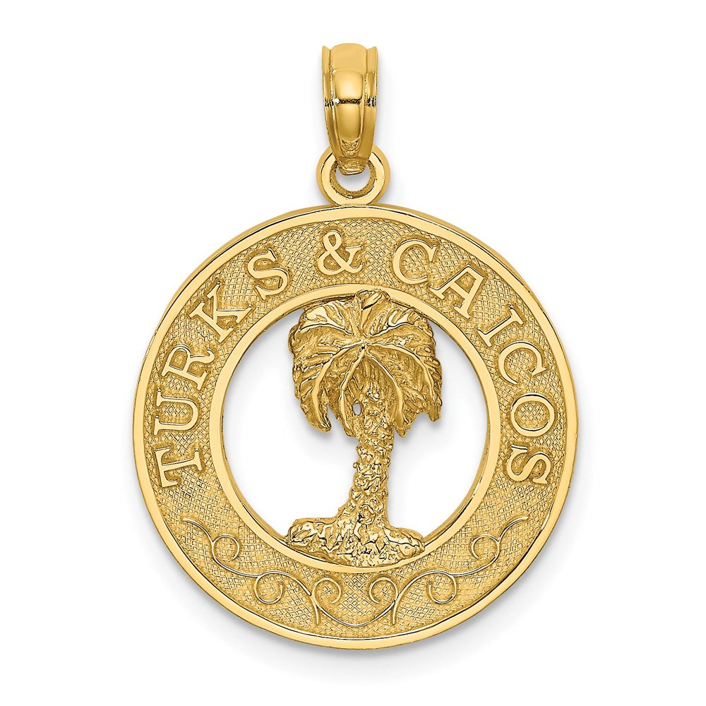 Million Charms 14K Yellow Gold Themed Turks & Caicos Round Frame With Palm Tree Charm