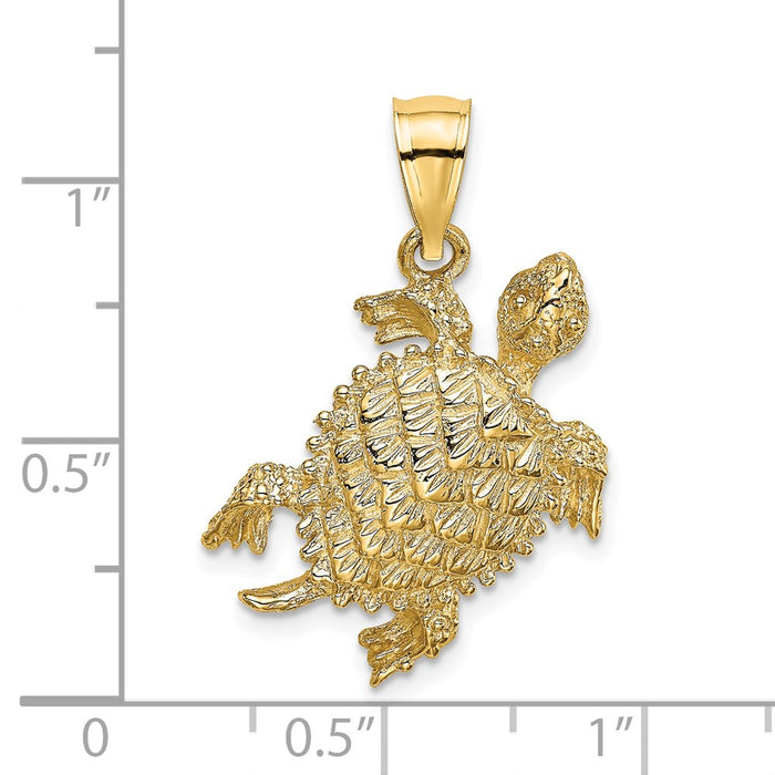 Million Charms 14K Yellow Gold Themed 2-D Sea Turtle With Tail Charm