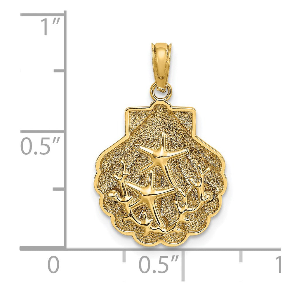 Million Charms 14K Yellow Gold Themed 2-D & Textured Shell With Two Nautical Starfish & Coral Charm