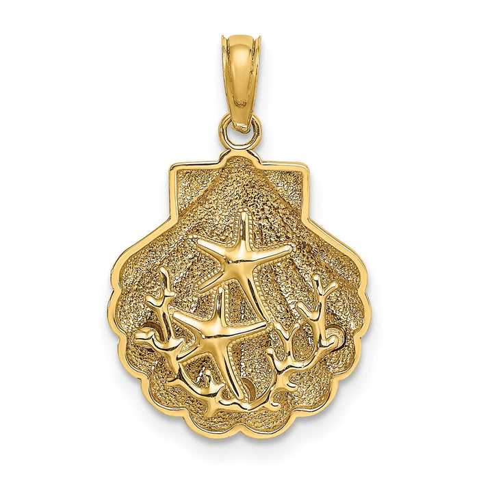 Million Charms 14K Yellow Gold Themed 2-D & Textured Shell With Two Nautical Starfish & Coral Charm