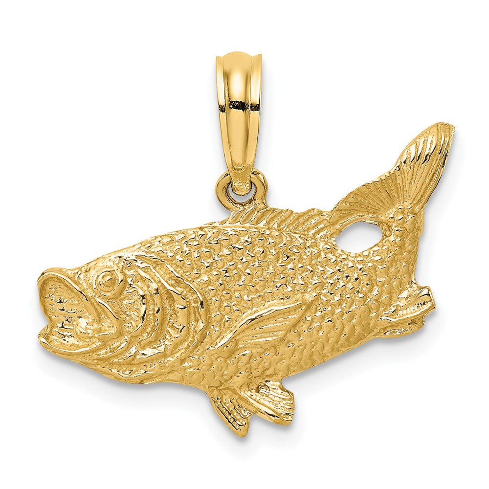 Million Charms 14K Yellow Gold Themed 2-D Bass Fish With Tail Up Charm