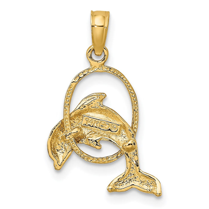 Million Charms 14K Yellow Gold Themed Polished Dolphin Jumping Through Hoop Charm