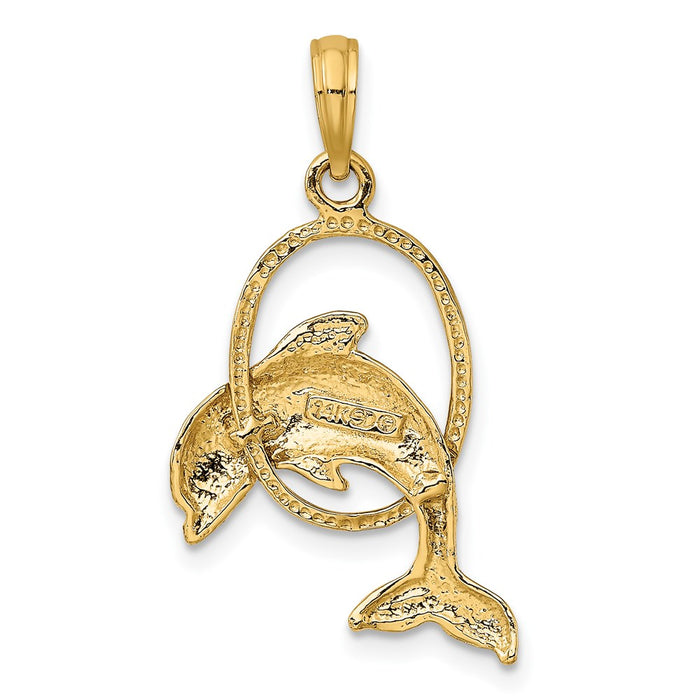 Million Charms 14K Yellow Gold Themed Polished Dolphin Jumping Through Hoop Charm