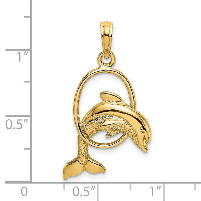 Million Charms 14K Yellow Gold Themed Polished Dolphin Jumping Through Hoop Charm