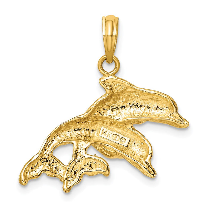 Million Charms 14K Yellow Gold Themed 2-D Polished & Engraved Double Dolphins Charm