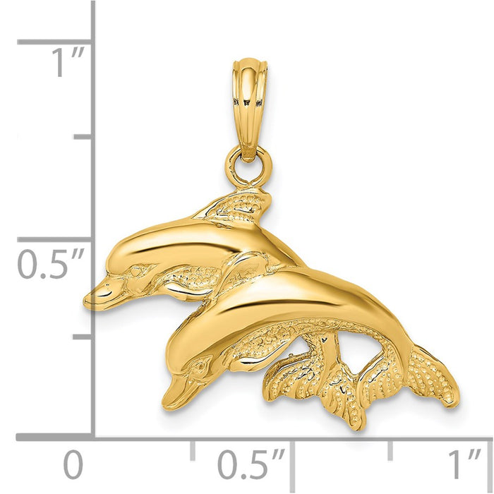 Million Charms 14K Yellow Gold Themed 2-D Polished & Engraved Double Dolphins Charm