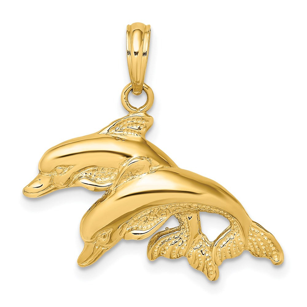 Million Charms 14K Yellow Gold Themed 2-D Polished & Engraved Double Dolphins Charm