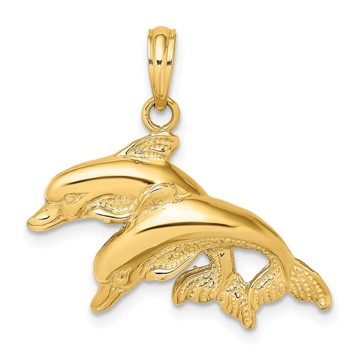 Million Charms 14K Yellow Gold Themed 2-D Polished & Engraved Double Dolphins Charm