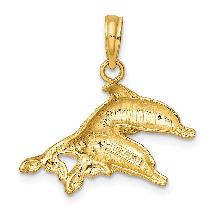 Million Charms 14K Yellow Gold Themed 2-D Polished & Engraved Dolphins Charm