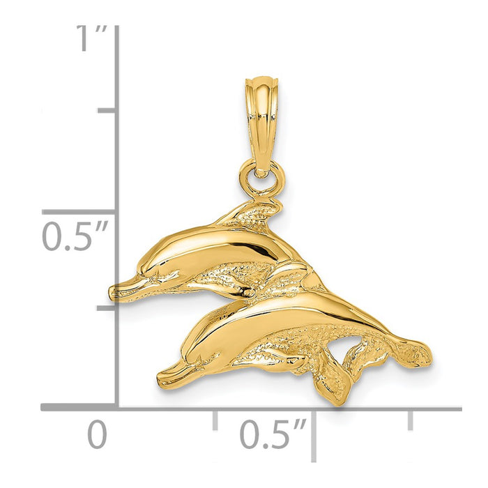 Million Charms 14K Yellow Gold Themed 2-D Polished & Engraved Dolphins Charm