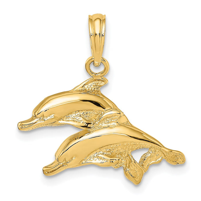 Million Charms 14K Yellow Gold Themed 2-D Polished & Engraved Dolphins Charm