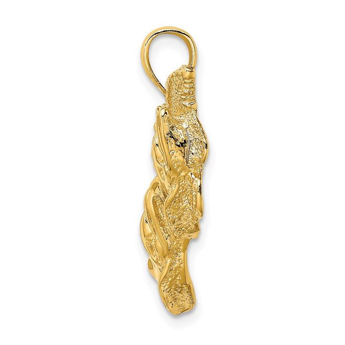 Million Charms 14K Yellow Gold Themed Polished & Textured Dolphins Swimming In Front Of Nautical Starfish Pendant