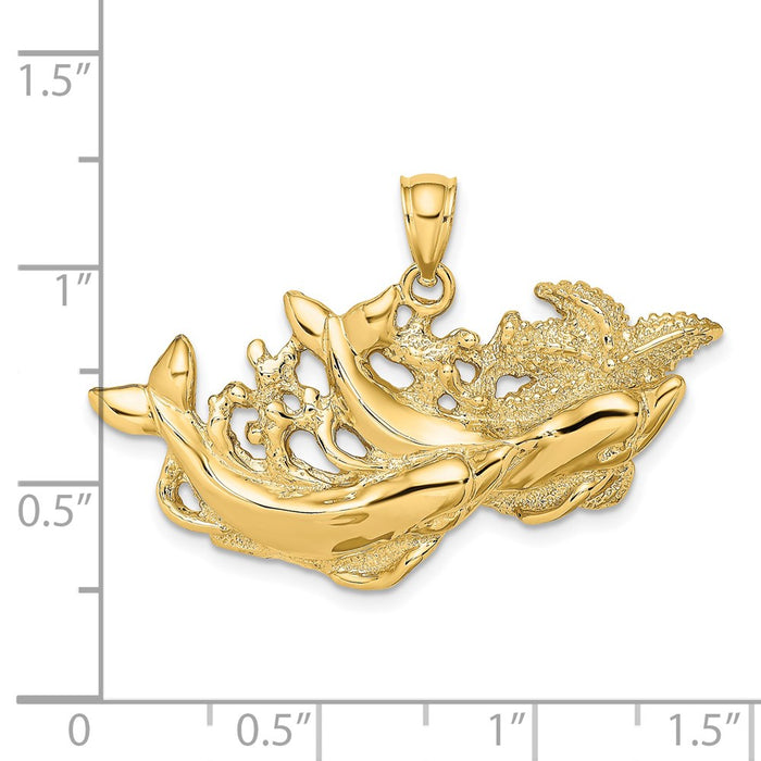 Million Charms 14K Yellow Gold Themed Polished & Textured Dolphins Swimming In Front Of Nautical Starfish Pendant