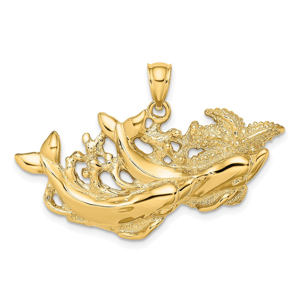 Million Charms 14K Yellow Gold Themed Polished & Textured Dolphins Swimming In Front Of Nautical Starfish Pendant