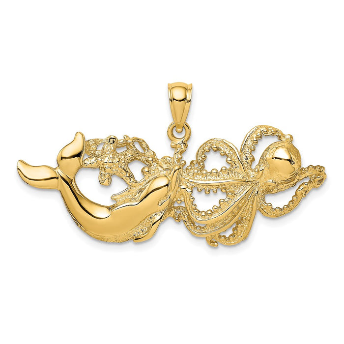 Million Charms 14K Yellow Gold Themed Polished & Textured Dolphin, Octopus Pendant