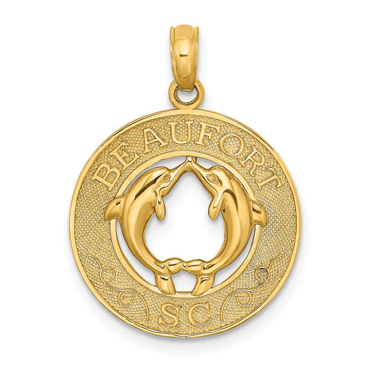 Dije de oro amarillo de 14 quilates Million Charms con diseño de Beaufort, Carolina del Sur, en marco redondo con delfines