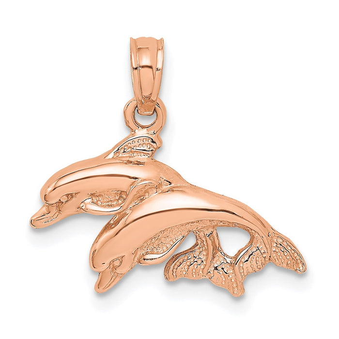 Million Charms 14K Rose Gold Themed & Polished Double Dolphins Jumping Left Charm