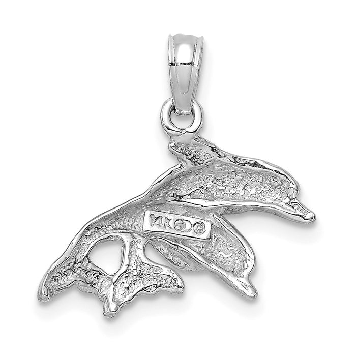 Million Charms 14K White Gold Themed & Polished Double Dolphins Jumping Left Charm