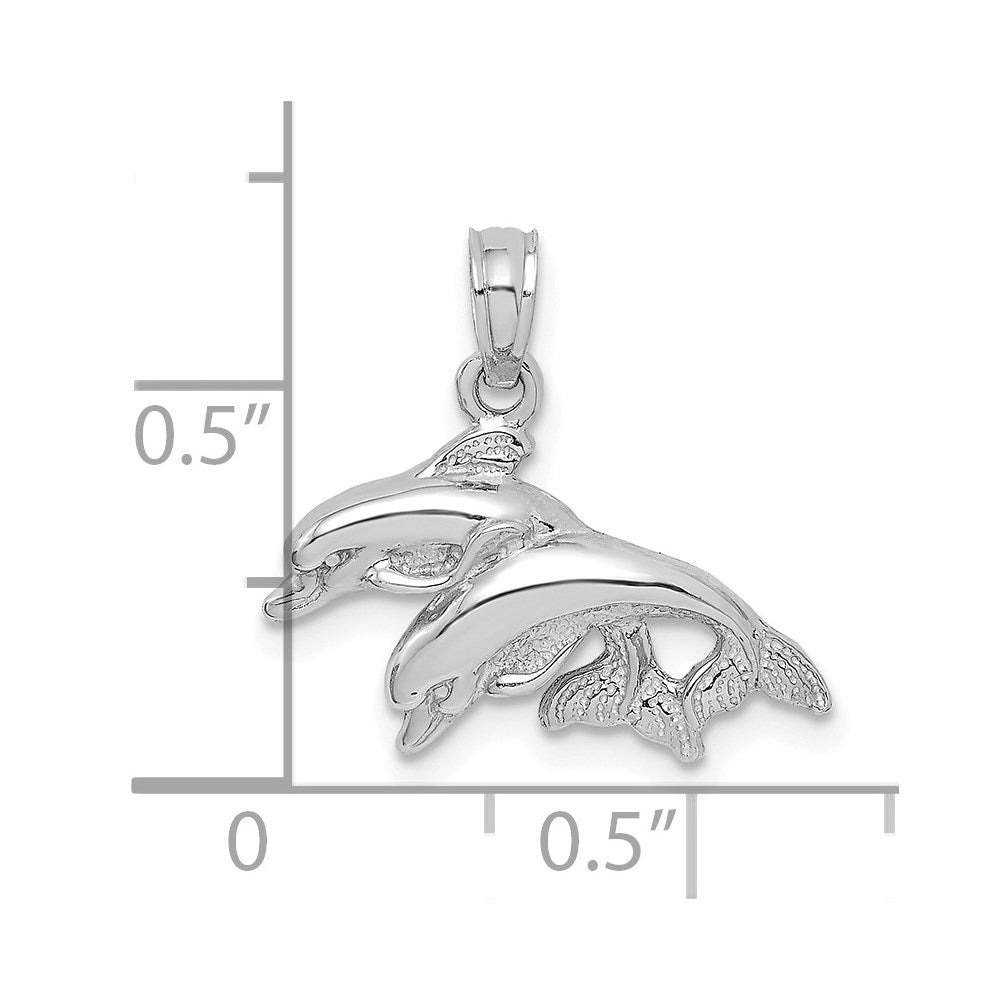 Million Charms 14K White Gold Themed & Polished Double Dolphins Jumping Left Charm