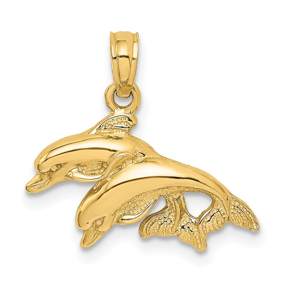 Million Charms 14K Yellow Gold Themed 2-D & Polished Double Dolphins Jumping Left Charm