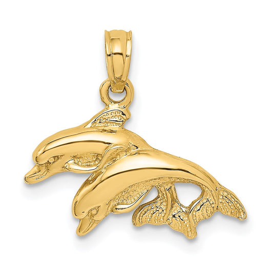 Million Charms 14K Yellow Gold Themed 2-D & Polished Double Dolphins Jumping Left Charm